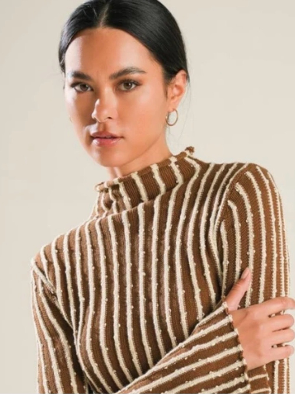 VICI Lucky To Have You Striped Ribbed Textured Mock Neck Sweater Brown/Cream M